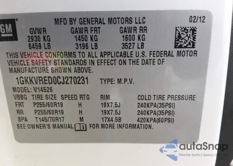 2012 GMC Acadia Slt-1 from USA, damaged, VIN 1GKKVRED0CJ270231